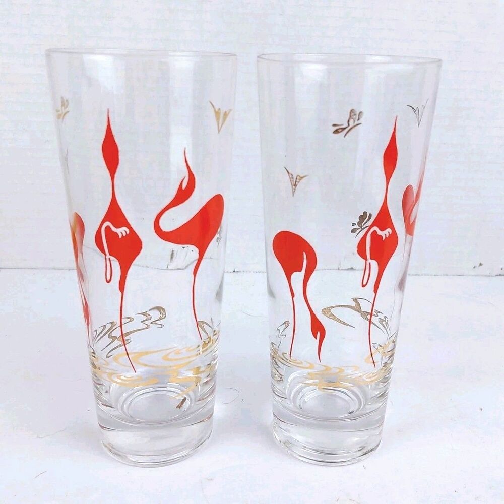 COLLINS 24K Gold Stylized 12oz Flamingo MCM Mod  6.75" Barware Glass Set Of 2